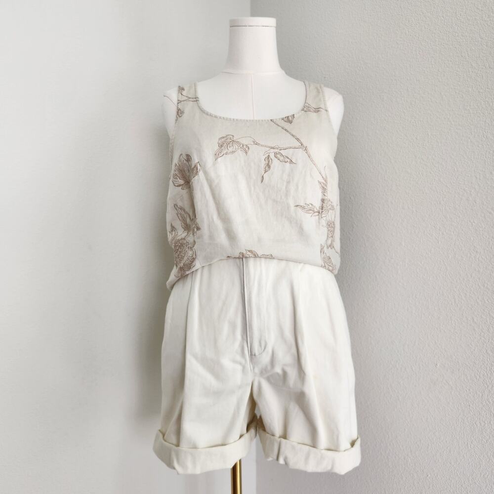 Vintage Y2K Rafaella Cream Floral Linen Tank Blouse Square Neck Side Zip 12 L
